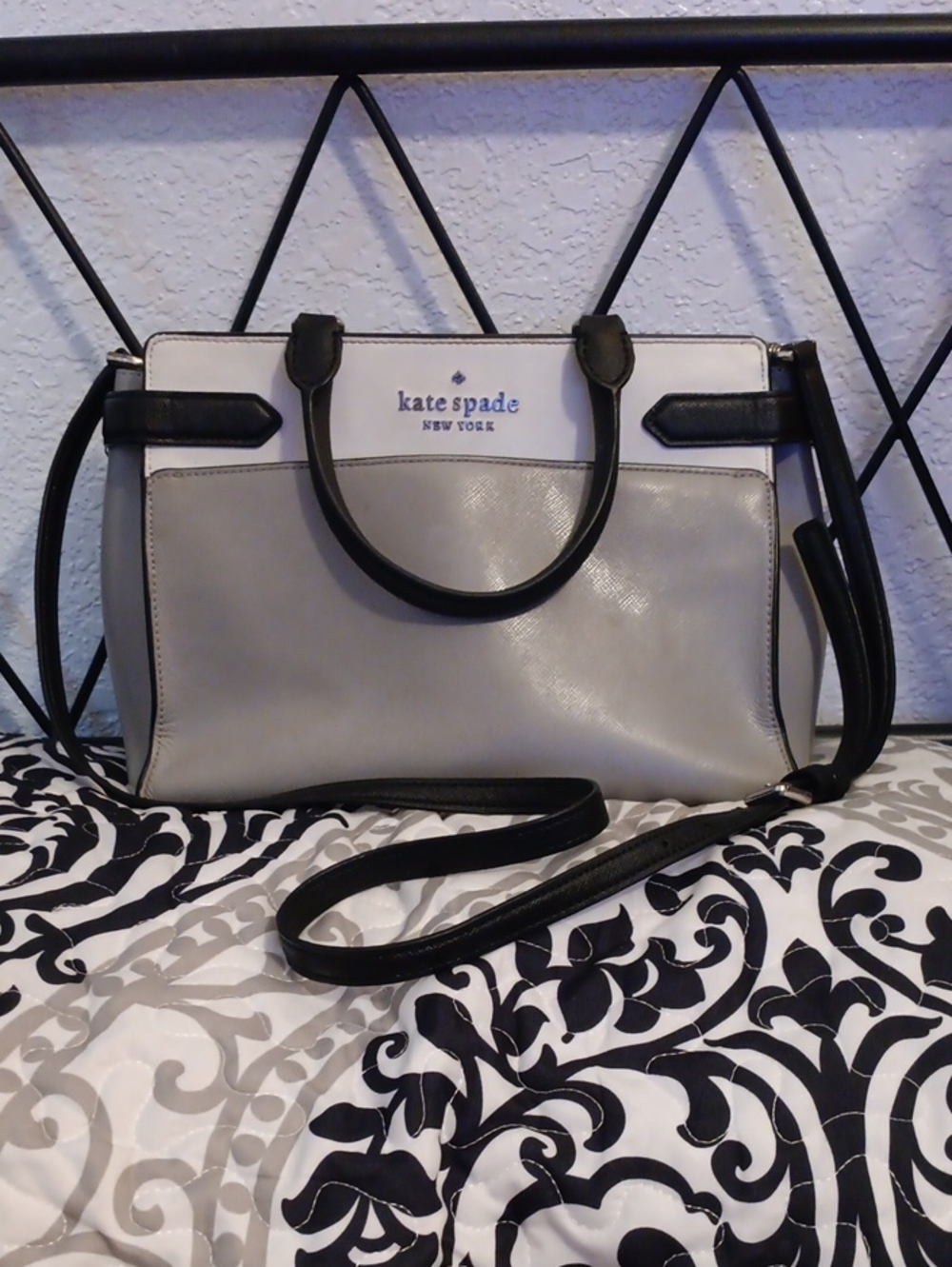 kate spade Two-Tone Gray, White & Black Leather Satchel Check Photos